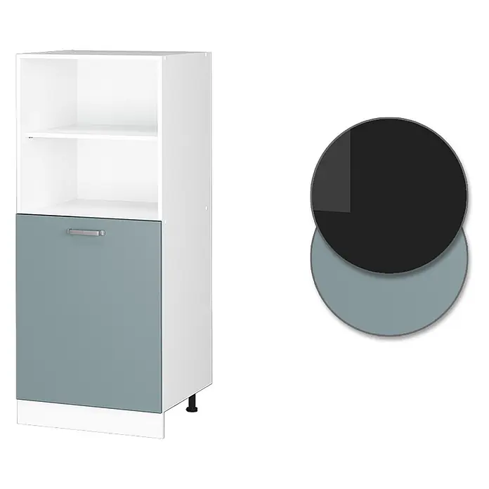 Vicco Schrankküche R-Line Blau-Grau - Blau-Grau, Backofenumbauschrank 60 cm (halb) - Weißer Schrank mit offenen Regalen und einer blaugrauen Flügeltür mit silbernem Griff.