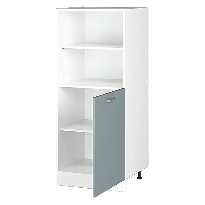 Vicco Schrankküche R-Line Blau-Grau - Blau-Grau, Backofenumbauschrank 60 cm (halb) - Weißer Hochschrank mit Regalböden und einer offenen grau-blauen Tür mit silbernem Griff.