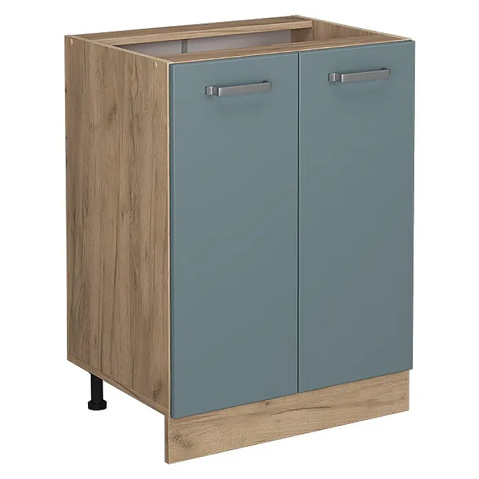 Vicco Schrankküche R-Line Blau-Grau ohne Arbeitsplatte - Blau-Grau, Unterschrank 60 cm - Blaugrüner zweitüriger Küchenunterschrank mit hellen Holzmaserungsseiten und Sockelleiste.