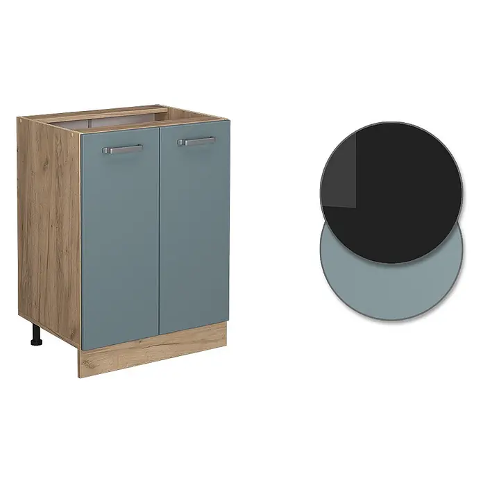 Vicco Schrankküche R-Line Blau-Grau, AP Anthrazit - Blau-Grau, Unterschrank 60 cm, AP Anthrazit - Unterschrank mit hellem Holzdekor Korpus und zwei blaugrauen Türen mit silbernen Griffen, ideal für Küchen.