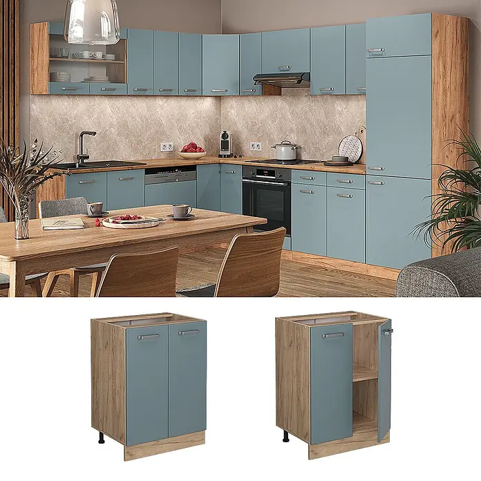Vicco Schrankküche R-Line Blau-Grau, AP Anthrazit - Blau-Grau, Unterschrank 60 cm, AP Anthrazit - Blauer und heller Küchenunterschrank aus Holz mit zwei Türen, einzeln und als Teil einer kompletten Küche gezeigt.
