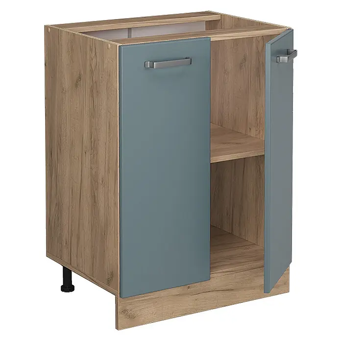 Vicco Schrankküche R-Line Blau-Grau, AP Anthrazit - Blau-Grau, Unterschrank 60 cm, AP Anthrazit - Küchenunterschrank in Holzoptik mit zwei blaugrauen Türen, eine offen mit Regal, und silbernen Griffen.
