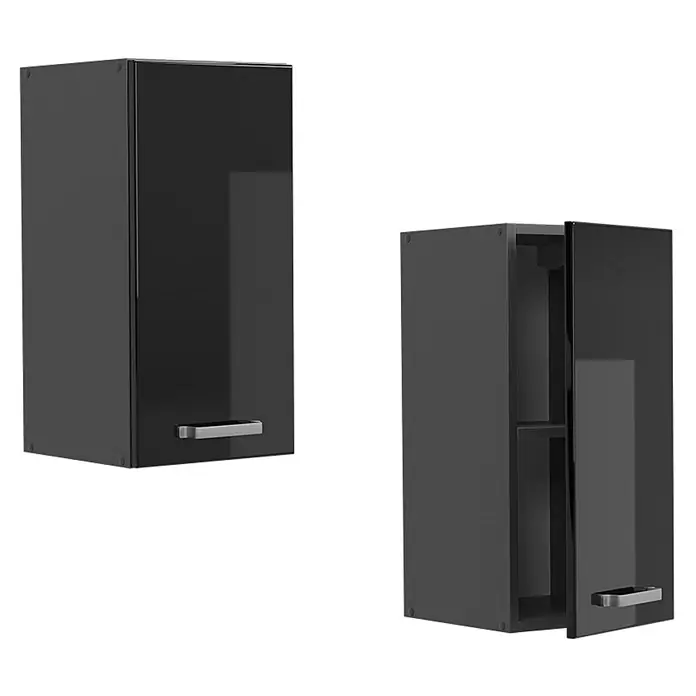 Vicco Hängeschrank R-Line, Schwarz Hochglanz, 30 cm -  - Zwei schwarze Hochglanz-Wandschränke, einer geschlossen und einer offen mit Regal, beide mit silbernen Griffen.