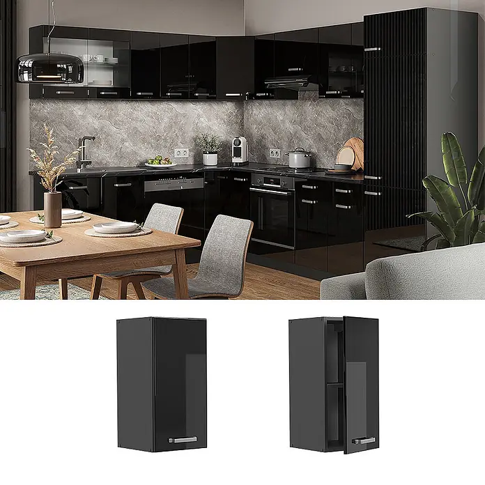Vicco Hängeschrank R-Line, Schwarz Hochglanz, 30 cm -  - Moderne Küche mit schwarzen Hochglanzschränken und grauer Arbeitsplatte. Beinhaltet Wand-, Unterschränke und einen Hochschrank.