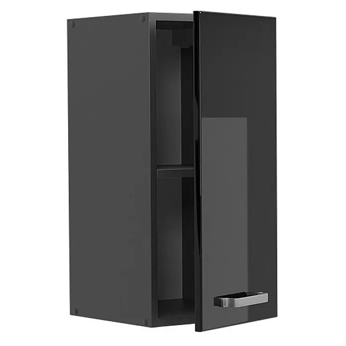 Vicco Hängeschrank R-Line, Schwarz Hochglanz, 30 cm -  - Schwarzer Wandschrank mit leicht geöffneter Hochglanztür, der ein Innenregal und einen silbernen Griff zeigt.