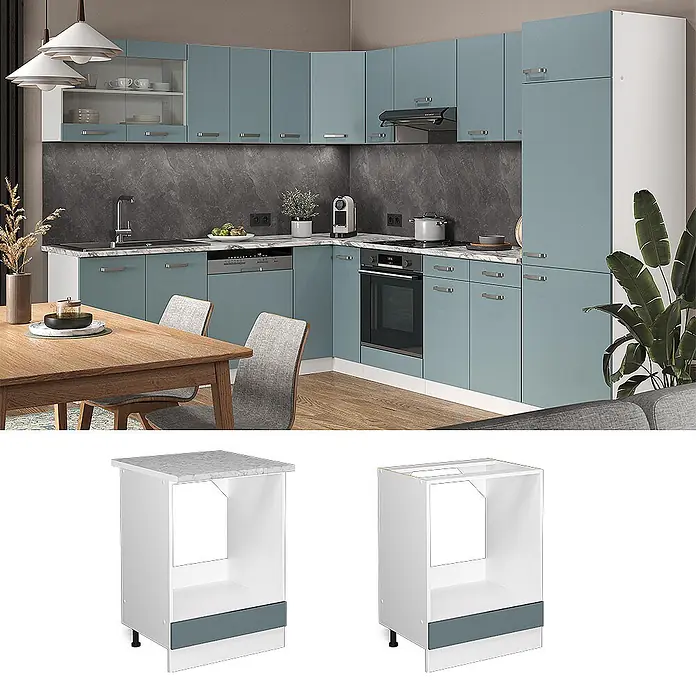 Vicco Schrankküche R-Line Blau-Grau, AP Anthrazit - Blau-Grau, Herdumbauschrank 60 cm, AP Anthrazit - Weißer Küchenunterschrank für Einbaubackofen, mit grauer Sockelblende/Schublade. Erhältlich mit oder ohne graue Arbeitsplatte.
