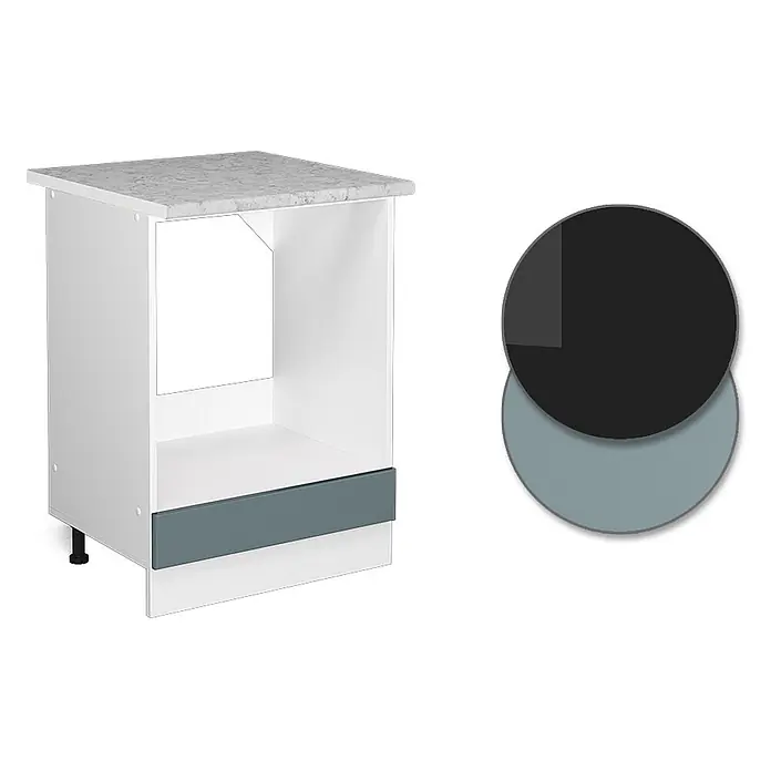 Vicco Schrankküche R-Line Blau-Grau, AP Marmor - Blau-Grau, Herdumbauschrank 60 cm, AP Marmor - Weißer Küchenunterschrank mit Arbeitsplatte in Marmoroptik und dunkelblaugrüner Schubladenfront.