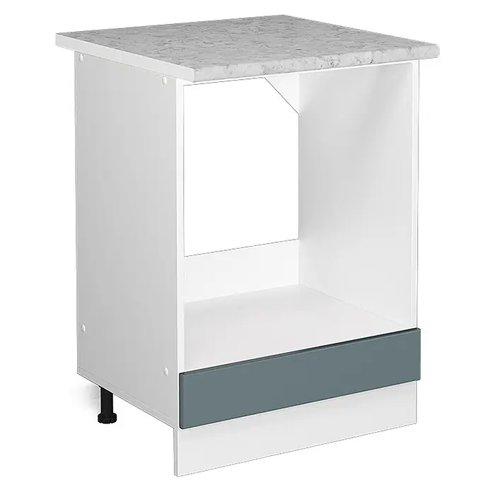 Vicco Schrankküche R-Line Blau-Grau, AP Marmor - Blau-Grau, Herdumbauschrank 60 cm, AP Marmor - Weißer Küchen-Einbauschrank mit heller Arbeitsplatte und dunkler Sockelleiste. Offenes Fach, verstellbare Füße.