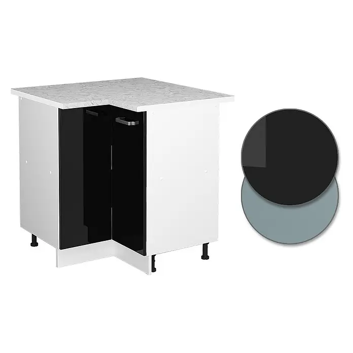 Vicco Eckunterschrank R-Line, Schwarz Hochglanz, 75.6 cm -  - Weißer Eckunterschrank mit schwarzen Türen und gesprenkelter Arbeitsplatte. Enthält schwarze und blaugraue Farbmuster.