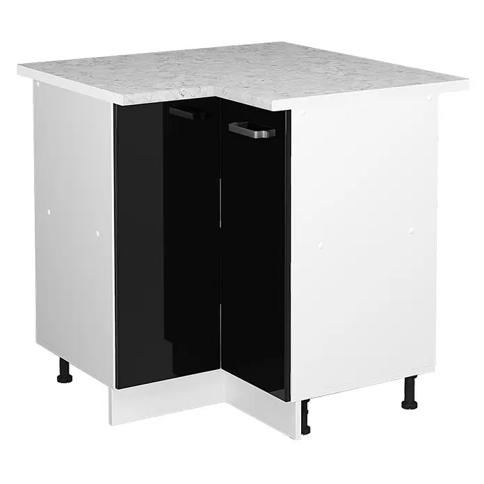 Vicco Eckunterschrank R-Line, Schwarz Hochglanz, 75.6 cm -  - Weißer Kücheneckunterschrank mit schwarzen Hochglanztüren, Arbeitsplatte in Marmoroptik und silbernen Griffen.