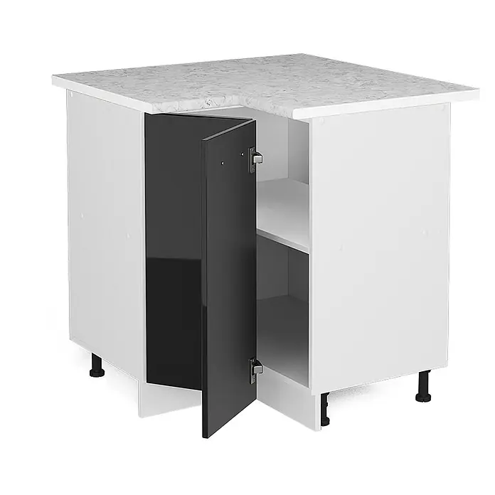 Vicco Eckunterschrank R-Line, Schwarz Hochglanz, 75.6 cm -  - Weißer Eckunterschrank mit grauer Arbeitsplatte, teiloffene schwarze und weiße Türen zeigen Innenfächer, auf schwarzen Standfüßen.