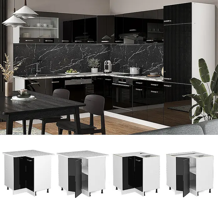 Vicco Eckunterschrank R-Line, Schwarz Hochglanz, 75.6 cm -  - Moderne Küche mit schwarzen Hochglanz-Unter- und Eckschränken. Einzelne modulare Einheiten mit weißen Korpen und schwarzen Fronten sind ebenfalls abgebildet.