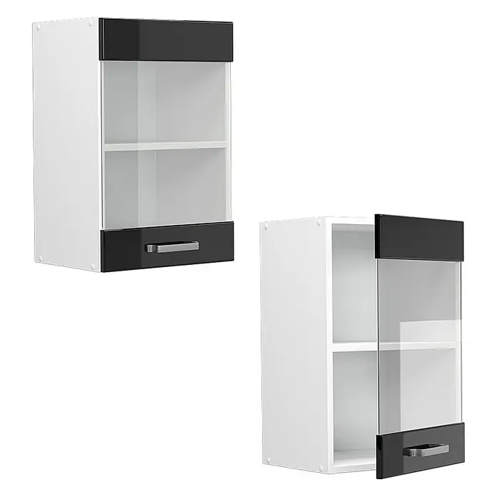 Vicco Schrankküche R-Line Schwarz Hochglanz - Schwarz Hochglanz, Hängeglasschrank 40 cm - Weißer Küchenhängeschrank mit schwarzem Rand, Glastür und silbernem Griff, geschlossen und offen gezeigt.