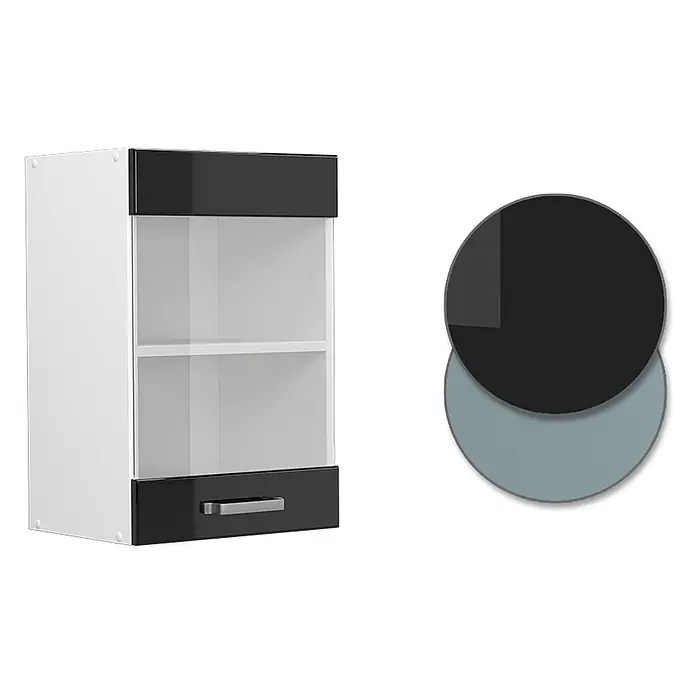 Vicco Schrankküche R-Line Schwarz Hochglanz - Schwarz Hochglanz, Hängeglasschrank 40 cm - Weißer und schwarzer Hängeschrank mit Glastürbereich und unterer Schublade.