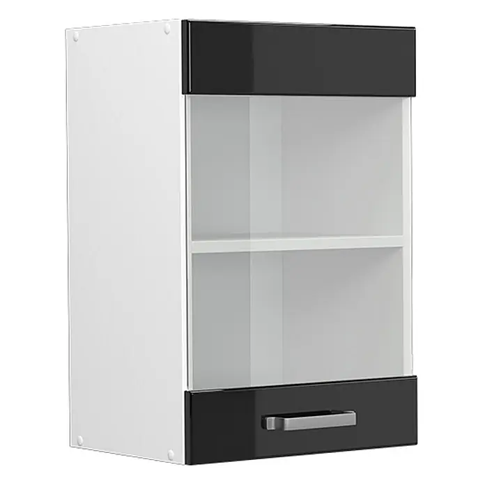 Vicco Schrankküche R-Line Schwarz Hochglanz - Schwarz Hochglanz, Hängeglasschrank 40 cm - Weißer und schwarzer Hängeschrank mit klarer Glastür, internem Regal und schwarzem Unterteil mit silbernem Griff.