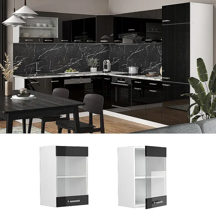 Vicco Schrankküche R-Line Schwarz Hochglanz - Schwarz Hochglanz, Hängeglasschrank 40 cm - Moderne schwarze Küche mit Hochglanzschränken, schwarzer Marmoroptik-Rückwand und Essbereich.