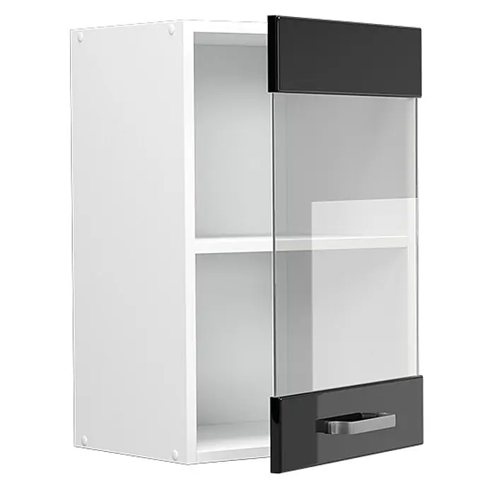 Vicco Schrankküche R-Line Schwarz Hochglanz - Schwarz Hochglanz, Hängeglasschrank 40 cm - Weißer Wandschrank mit schwarzer Hochglanztür, Klarglasplatte und silbernem Griff, leicht geöffnet, um Innenfächer zu zeigen.