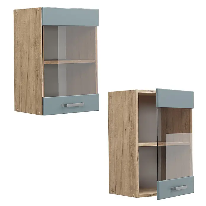 Vicco Schrankküche R-Line Blau-Grau - Blau-Grau, Hängeglasschrank 40 cm - Wandschrank in Holzoptik mit staubblauen Akzenten, Glastür, silbernem Griff und Innenregal.
