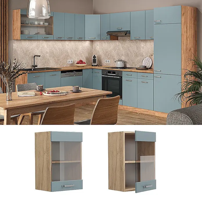 Vicco Schrankküche R-Line Blau-Grau - Blau-Grau, Hängeglasschrank 40 cm - Moderne Küche mit staubblauen Schränken, hellen Holzakzenten und integrierten Geräten.