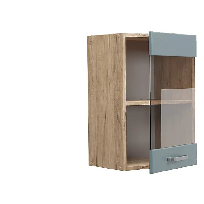 Vicco Schrankküche R-Line Blau-Grau - Blau-Grau, Hängeglasschrank 40 cm - Heller Holz-Hängeschrank mit einer Tür, die hellblaue Ober-/Unterteile und ein Glasmittelstück hat, plus Griff. Innen offene Fächer.
