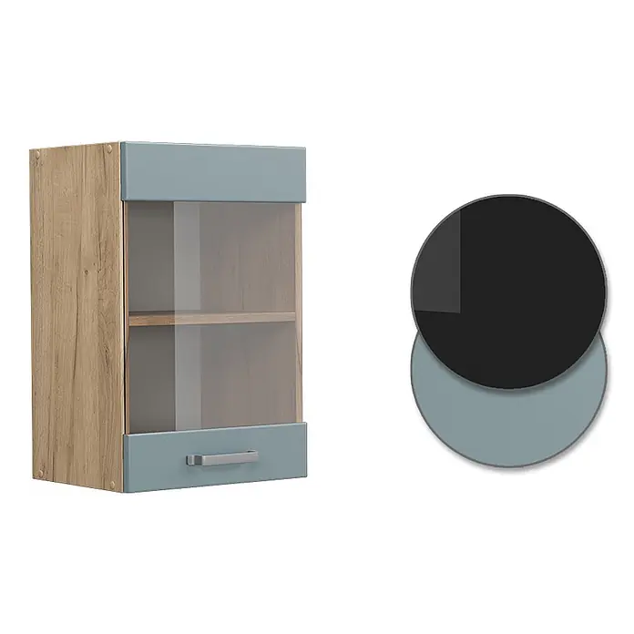 Vicco Schrankküche R-Line Blau-Grau - Blau-Grau, Hängeglasschrank 40 cm - Wandhängeschrank mit hellem Holzdekorseiten, hellblaugrauen Rahmen und Schublade, Glastür und silbernem Griff.