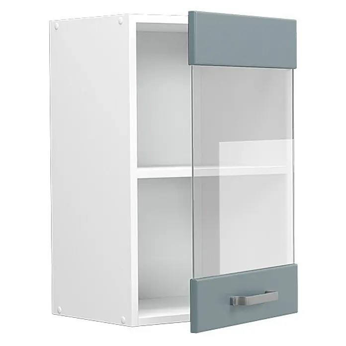 Vicco Schrankküche R-Line Blau-Grau - Blau-Grau, Hängeglasschrank 40 cm - Weißer Wandschrank mit offener hellblau-grauer Glastür, silbernem Griff und zwei Innenfächern.