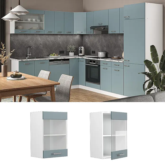 Vicco Schrankküche R-Line Blau-Grau - Blau-Grau, Hängeglasschrank 40 cm - Moderne Küche mit blaugrünen und weißen Modulschränken, Glasfronten und silbernen Griffen.
