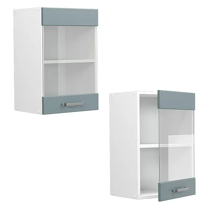 Vicco Schrankküche R-Line Blau-Grau - Blau-Grau, Hängeglasschrank 40 cm - Weißer Wandschrank mit blaugrauen Ober- und Unterteilen, klarer Glastür und silbernem Griff. Einer ist leicht geöffnet dargestellt.
