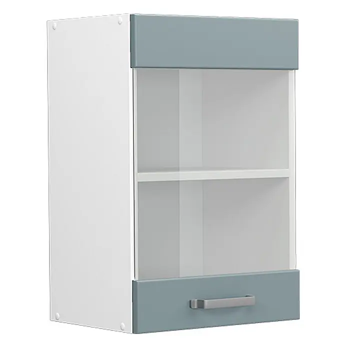 Vicco Schrankküche R-Line Blau-Grau - Blau-Grau, Hängeglasschrank 40 cm - Wandschrank mit weißer Seite, hellblauen Ober- und Unterböden, klarer Glastür, Innenablage und Griff.