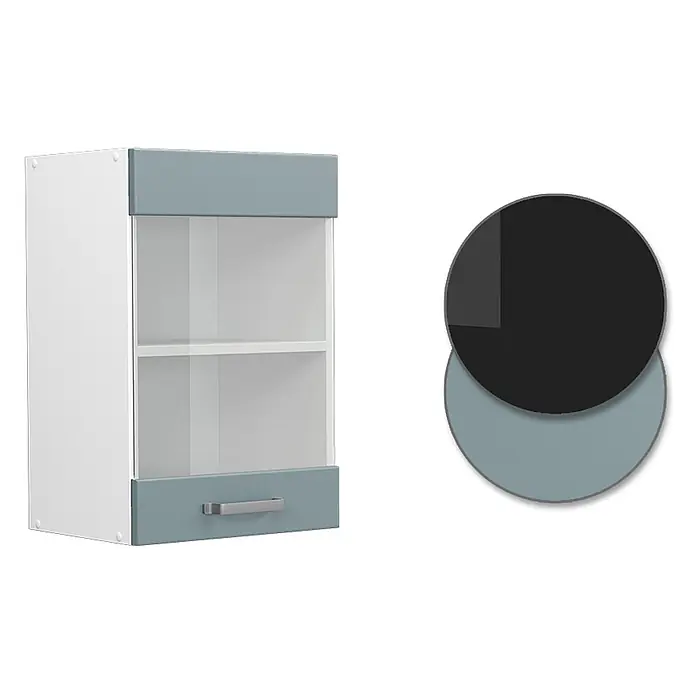 Vicco Schrankküche R-Line Blau-Grau - Blau-Grau, Hängeglasschrank 40 cm - Weiß-hellblauer Hängeschrank mit Glastüren, Innenregalen und einer unteren Schublade mit silbernem Griff.
