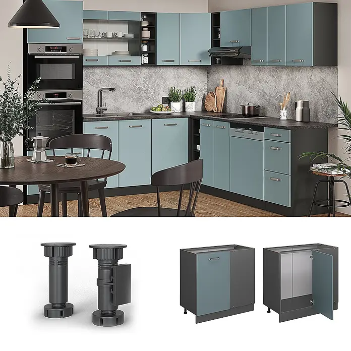 Vicco Schrankküche R-Line Blau-Grau, AP Eiche - Blau-Grau, Eckunterschrank 86 cm, AP Eiche - Moderne Küche mit hellblauen Schränken, dunklen Arbeitsplatten, integrierten Geräten, Esstisch, Küchenschrankbeinen und modularen Einheiten.
