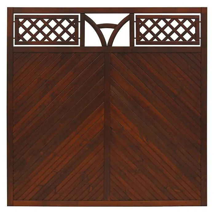 Andrewex Sichtschutzelement Toulon - 180 x 180 cm, Braun - Ein detailreiches Bild eines Holzzauns mit Rautenmuster und eleganten Kurven, das rustikale Schönheit und handwerkliches Können vereint.