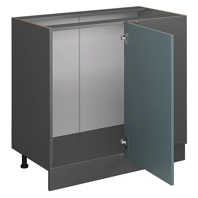 Vicco Schrankküche R-Line Blau-Grau, AP Eiche - Blau-Grau, Eckunterschrank 86 cm, AP Eiche - Dunkelgrauer Küchenunterschrank mit offener blaugrauer Tür und verstellbaren Füßen.