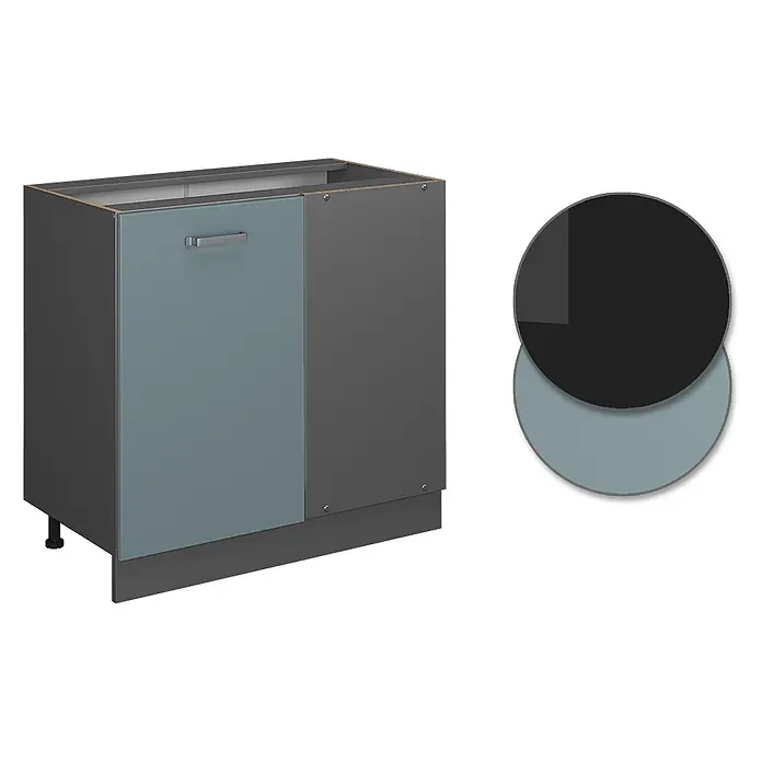 Vicco Schrankküche R-Line Blau-Grau, AP Eiche - Blau-Grau, Eckunterschrank 86 cm, AP Eiche - Dunkelgrauer Unterschrank mit blaugrauer Tür, Metallgriff und verstellbaren Füßen.
