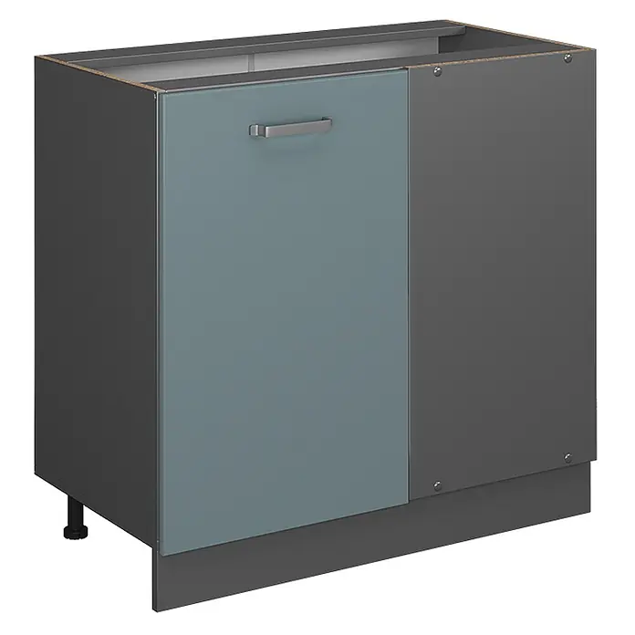Vicco Schrankküche R-Line Blau-Grau ohne Arbeitsplatte - Blau-Grau, Eckunterschrank 86 cm - Grauer Unterschrank mit hellblauer Tür, silbernem Griff und verstellbarem Fuß.