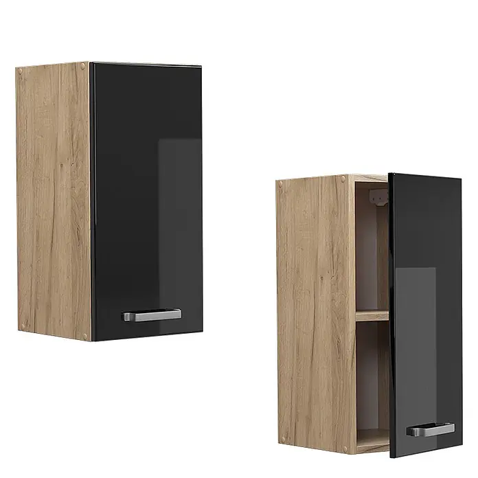 Vicco Hängeschrank R-Line, Schwarz Hochglanz, 30 cm -  - Zwei Hängeschränke mit heller Holzoptik und glänzender schwarzer Tür, einer offen mit Einlegeboden.