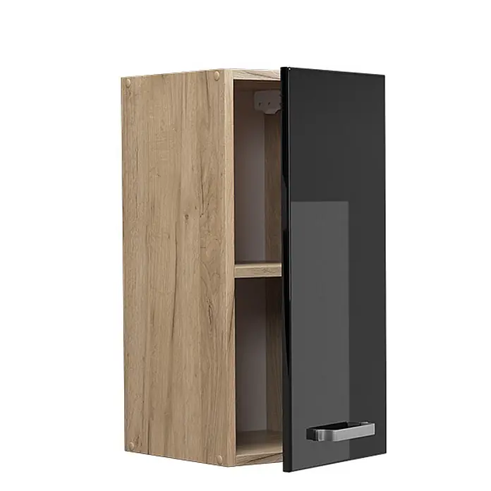Vicco Hängeschrank R-Line, Schwarz Hochglanz, 30 cm -  - Wandhängeschrank in heller Holzoptik mit glänzender schwarzer Tür, einem Einlegeboden und silbernem Griff.