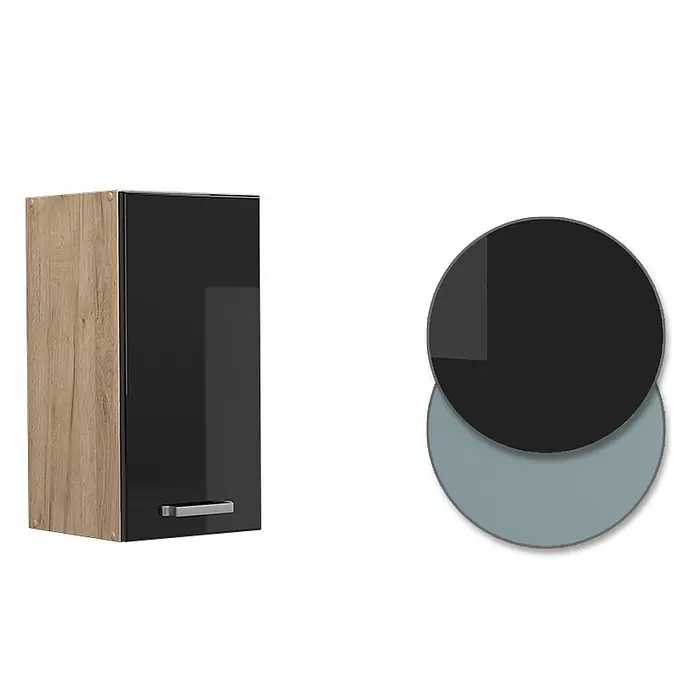 Vicco Hängeschrank R-Line, Schwarz Hochglanz, 30 cm -  - Wandschrank mit Holzmaserung und glänzend schwarzer Front mit silbernem Griff, gezeigt mit schwarzen und grauen Farbmustern.