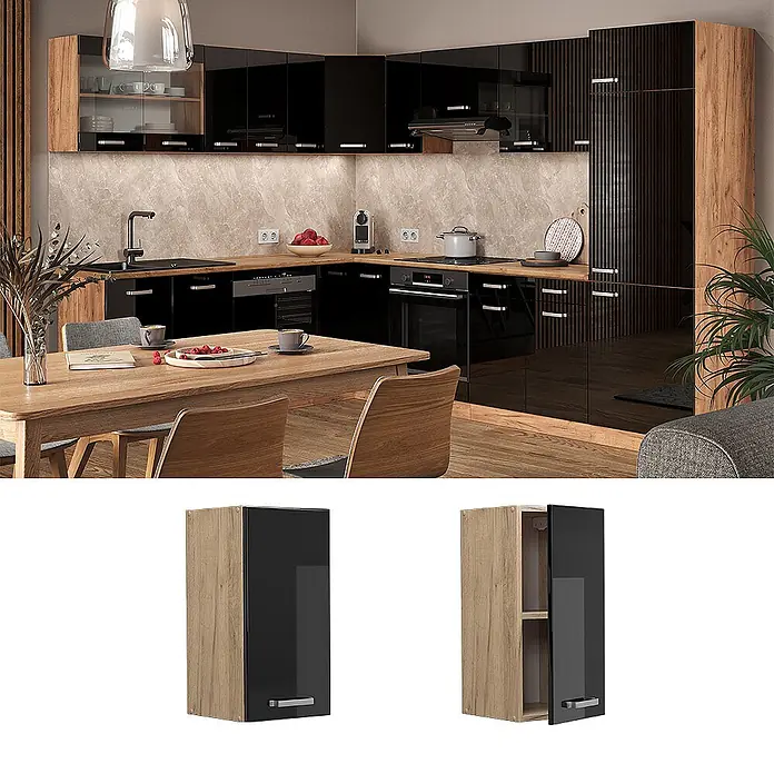 Vicco Hängeschrank R-Line, Schwarz Hochglanz, 30 cm -  - Moderne L-förmige Küche mit schwarzen Hochglanzschränken und hellen Holzdetails. Ein Wandschrank ist separat geöffnet dargestellt.
