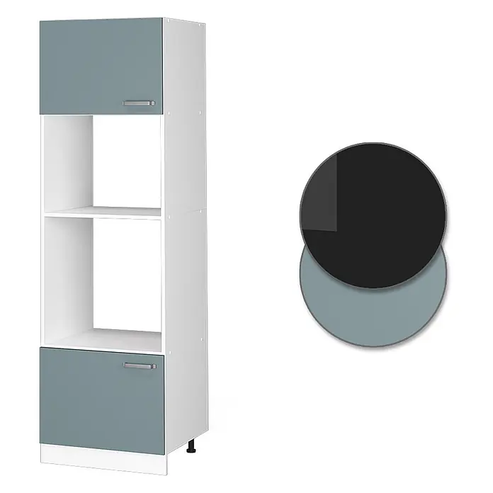 Vicco Schrankküche R-Line Blau-Grau - Blau-Grau, Mikrowellenumbauschrank 60 cm - Hoher weißer und blaugrauer Aufbewahrungsschrank mit zwei Türen, offenen Fächern und silbernen Griffen.