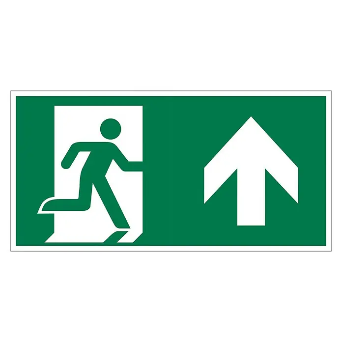 Pickup Fluchtwegschild - Motiv: Notausgang-Pfeil oben, L x B: 30 x 15 cm - Grünes Schild mit einer weißen Figur, die durch eine Tür rennt und einem Pfeil nach oben, was auf einen Notausgang hinweist.