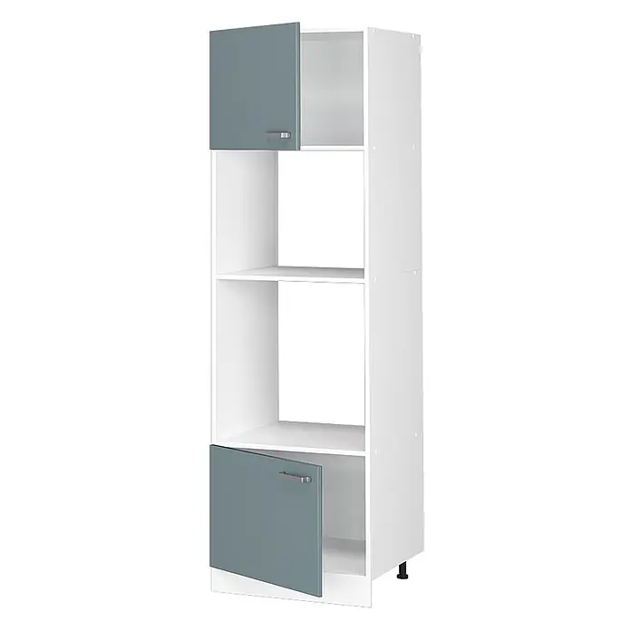 Vicco Schrankküche R-Line Blau-Grau - Blau-Grau, Mikrowellenumbauschrank 60 cm - Hoher weißer Lagerschrank mit zwei graublauen Türen (oben und unten) und zwei offenen mittleren Regalen.