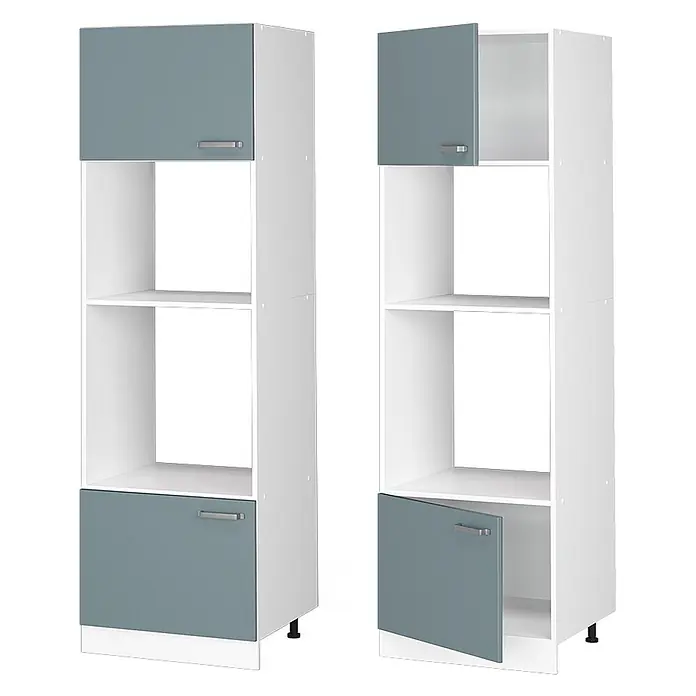 Vicco Schrankküche R-Line Blau-Grau - Blau-Grau, Mikrowellenumbauschrank 60 cm - Zwei hohe weiße Schränke mit türkisen Türen und offenen Fächern. Einer geschlossen, der andere geöffnet.