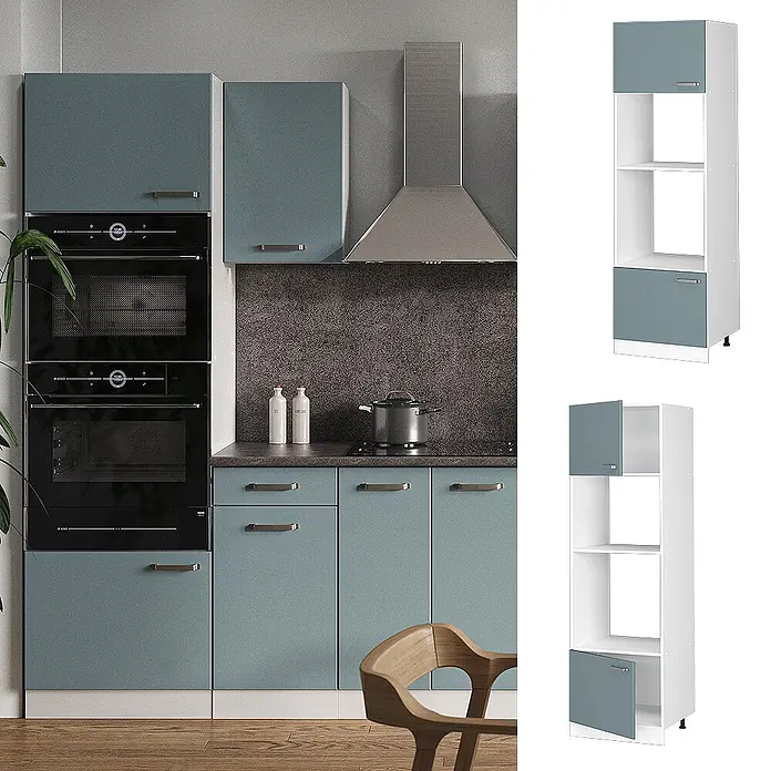 Vicco Schrankküche R-Line Blau-Grau - Blau-Grau, Mikrowellenumbauschrank 60 cm - Moderne Küchenmöbel in Blaugrau: Unter- & Hängeschränke mit Einbaugeräten, plus Hochschrank mit Regalen & Türen.