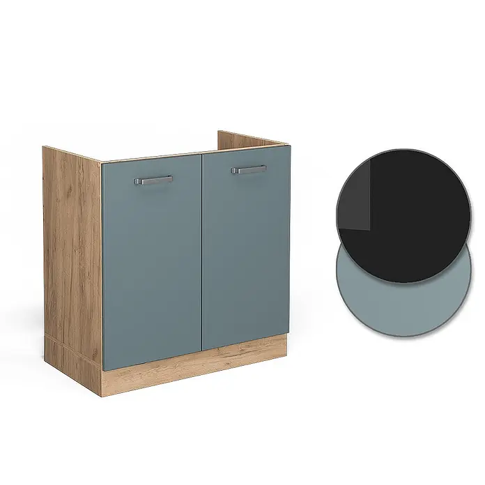 Vicco Schrankküche R-Line Blau-Grau, AP Anthrazit - Blau-Grau, Spülenunterschrank 80 cm, AP Anthrazit - Zweitüriger Unterschrank mit Holzoptikrahmen und blaugrauen Türen.
