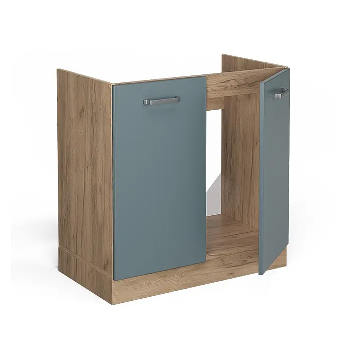 Vicco Schrankküche R-Line Blau-Grau, AP Anthrazit - Blau-Grau, Spülenunterschrank 80 cm, AP Anthrazit - Zweitüriger Kücheneckunterschrank mit Holzdekor-Korpus und blaugrauen Türen, eine teilweise offen.
