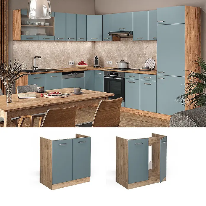 Vicco Schrankküche R-Line Blau-Grau, AP Anthrazit - Blau-Grau, Spülenunterschrank 80 cm, AP Anthrazit - Moderne L-förmige Küche mit blau-grauen Schränken, Holzmaserung, integrierten Geräten und Essbereich.