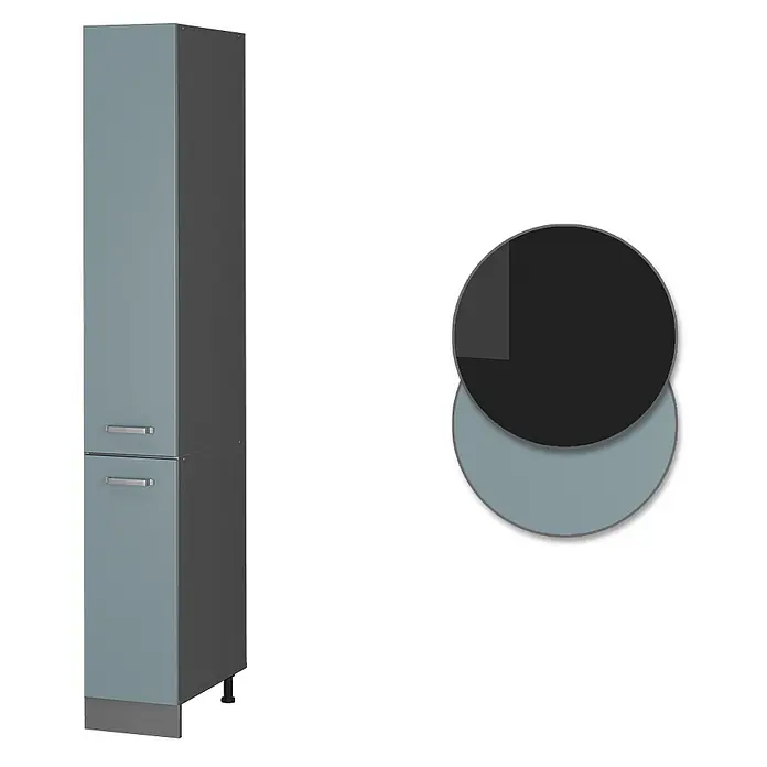 Vicco Schrankküche R-Line Blau-Grau - Blau-Grau, Apothekerhochschrank 30 cm - Hoher zweifarbiger Hochschrank mit hellblau-grauen Fronten und dunkelgrauen Seiten. Er hat zwei Abschnitte, jeder mit zwei Griffen.