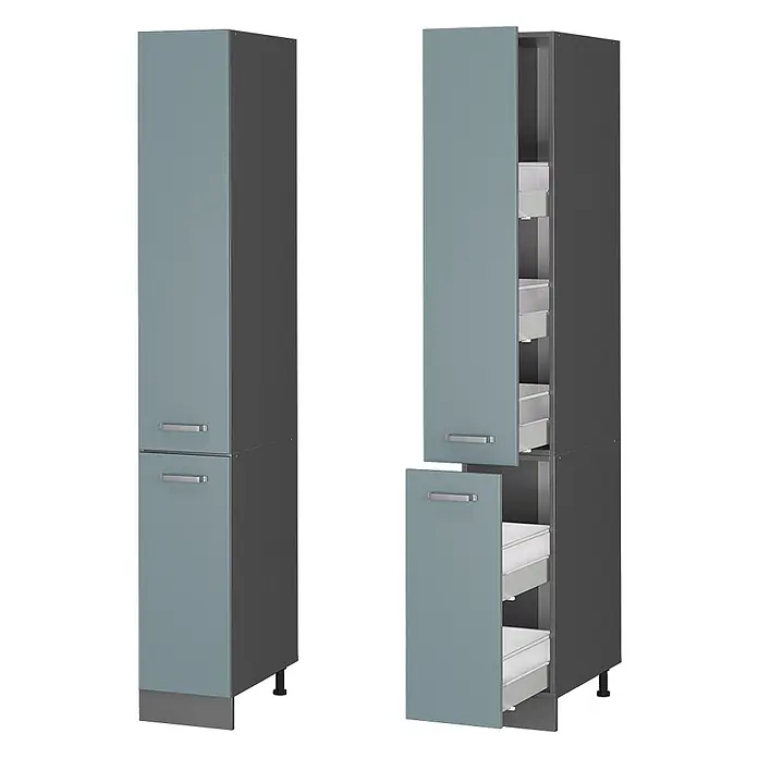 Vicco Schrankküche R-Line Blau-Grau - Blau-Grau, Apothekerhochschrank 30 cm - Hoher Vorratsschrank in Blau-Grau und Dunkelgrau mit zwei Türen, geschlossen und geöffnet mit herausziehbaren Schubladen.