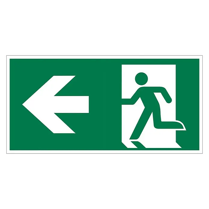 Pickup Fluchtwegschild - Motiv: Notausgang-Pfeil links, L x B: 30 x 15 cm - Grünes Schild mit weißem Pfeil nach links und einer Person, die aus einer Tür rennt, als Notausgangssymbol.